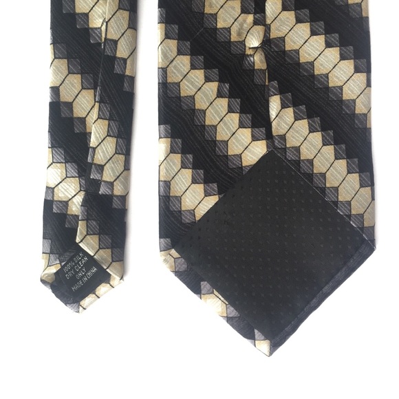 CLUB INTERNATIONAL Silk Tie and Pocket Square Black Gray Cream Geometric Stripes - Picture 5 of 10